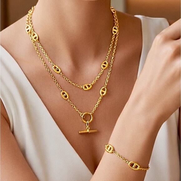 Stampd Jewelry - Gold Pig Nose Multilayer Necklace Bracelet Set Stainless Steel Gold Plated